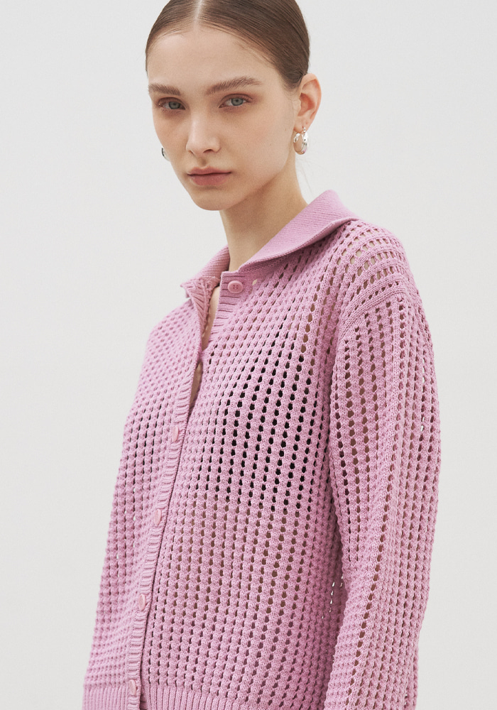 NETTED COLLAR CARDIGAN - PINK